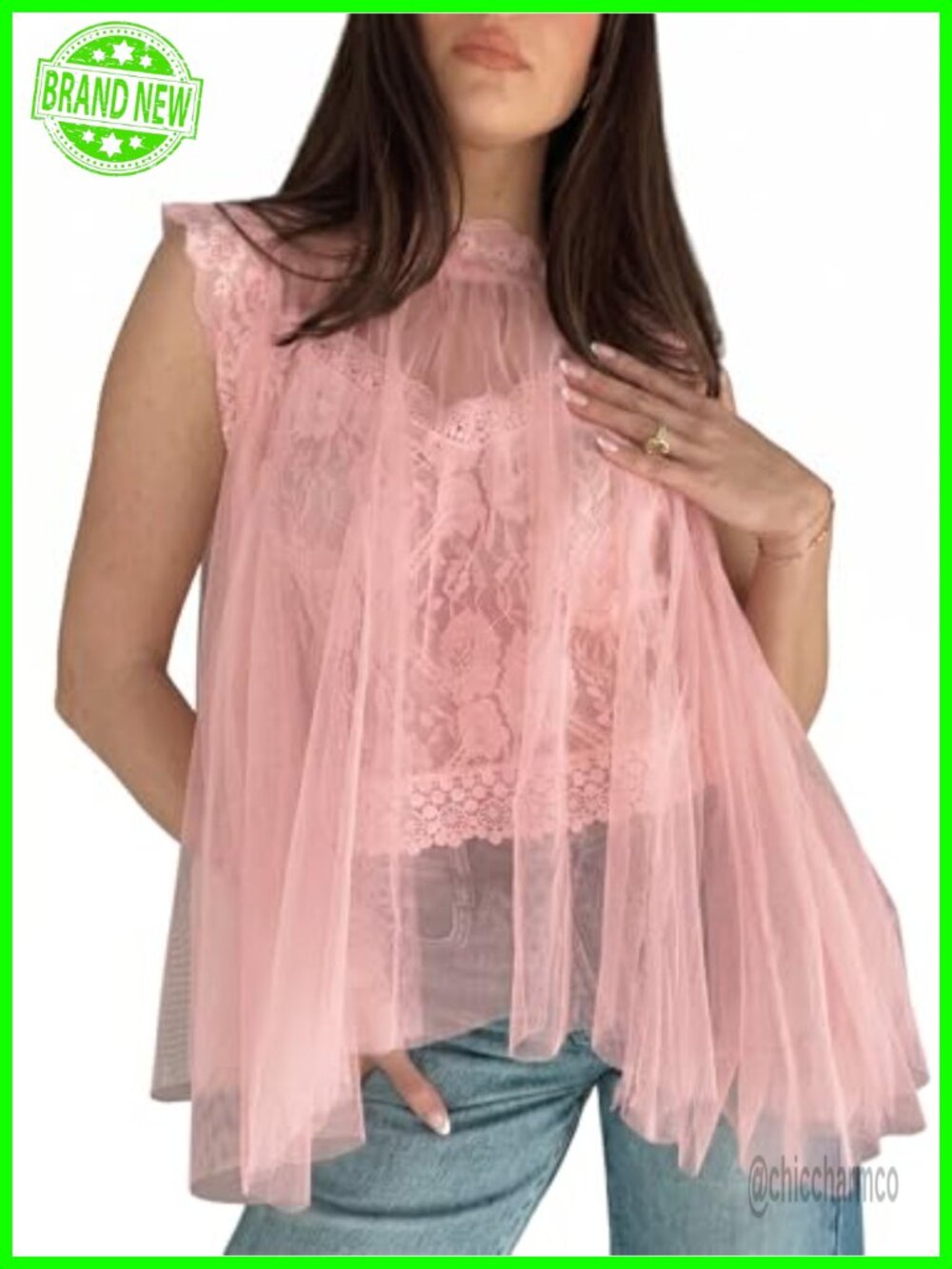 Sheer Organza Blouse Lace Cropped Tank 2 Piece Layered Sleeveless Top